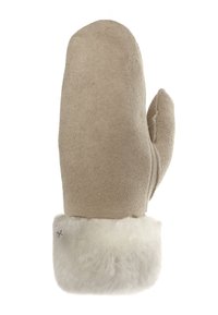Beige Wildlederhandschuh mit einem weichen weißen Pelzrand. Runde Form mit einem separaten Daumenabschnitt. Glatte Textur, schlichtes Design mit minimalem Zubehör.