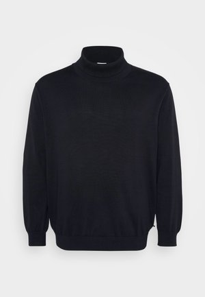 Sort rullekrave sweater med lange ærmer, ribbede kanter ved hals og håndled, med en afslappet pasform og glat tekstur. Designet til afslappet brug.