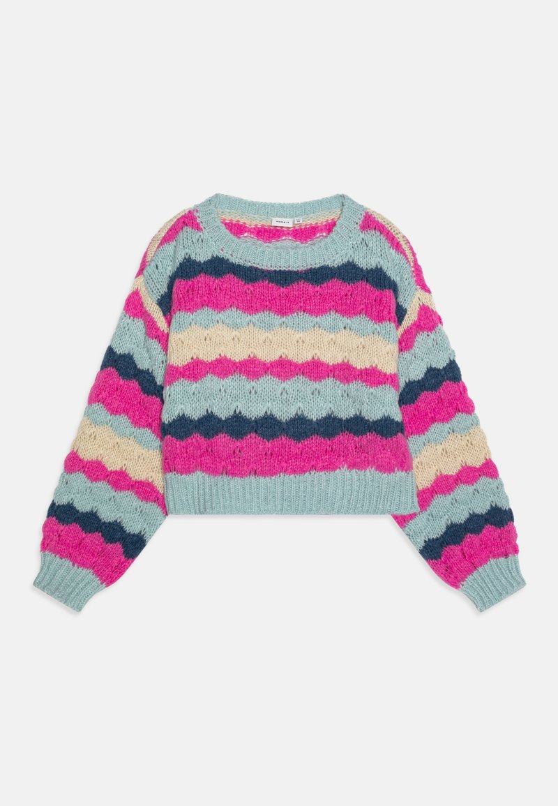 Pull court en maille grosse avec manches longues, rayures horizontales en zigzag bleu, rose, crème et marine.