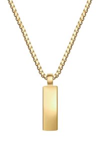 Zelta krāsas metāla kaklarota ar taisnstūra piekariņu, kas karājas no saistīta ķēdes. Piekariņš ir gluds, spīdīgs un vienkāršā dizainā.