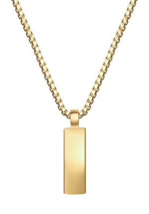 Colier din metal de culoare aurie, cu un pandantiv rectangular suspendat de o lanț cu zale. Pandantivul este neted, lucios și simplu în design.