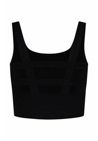 Schwarzes kurzes Tanktop mit breiten Schulterträgern und horizontalen Banddetails über der Brust und am Bauch.