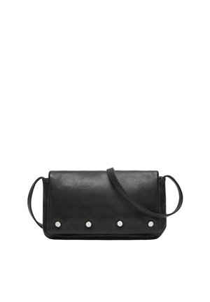 Schwarze Leder-Clutch im rechteckigen Format, mit drei silbernen Metalldetails und einem abnehmbaren Riemen für Vielseitigkeit.