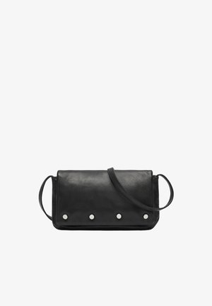 Black leather clutch bag with a rectangular shape, featuring three silver metal accents and a detachable strap for versatility.