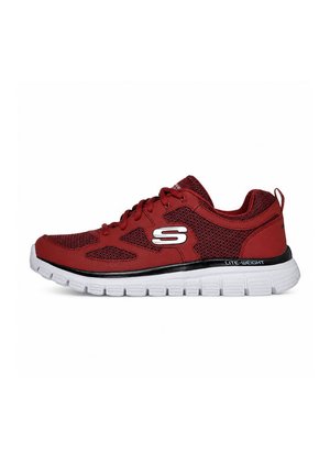 Czerwono-czarny but sportowy Skechers z białym logo "S", siateczkową cholewką, sznurowaniem i grubą białą podeszwą oznaczoną "Lite-Weight."