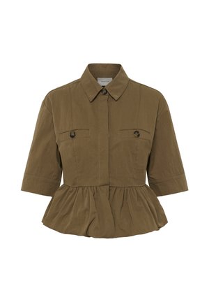 Braune Bluse mit kurzen Ärmeln und Knöpfen, mit Kragen, zwei Brusttaschen mit Knöpfen und einem gerafften Peplum-Taillenabschluss.