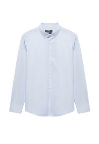 Lichtblauw overhemd met lange mouwen en button-down kraag, gemaakt van gladde stof, met een volledige knopenlijst en rechte zoom.