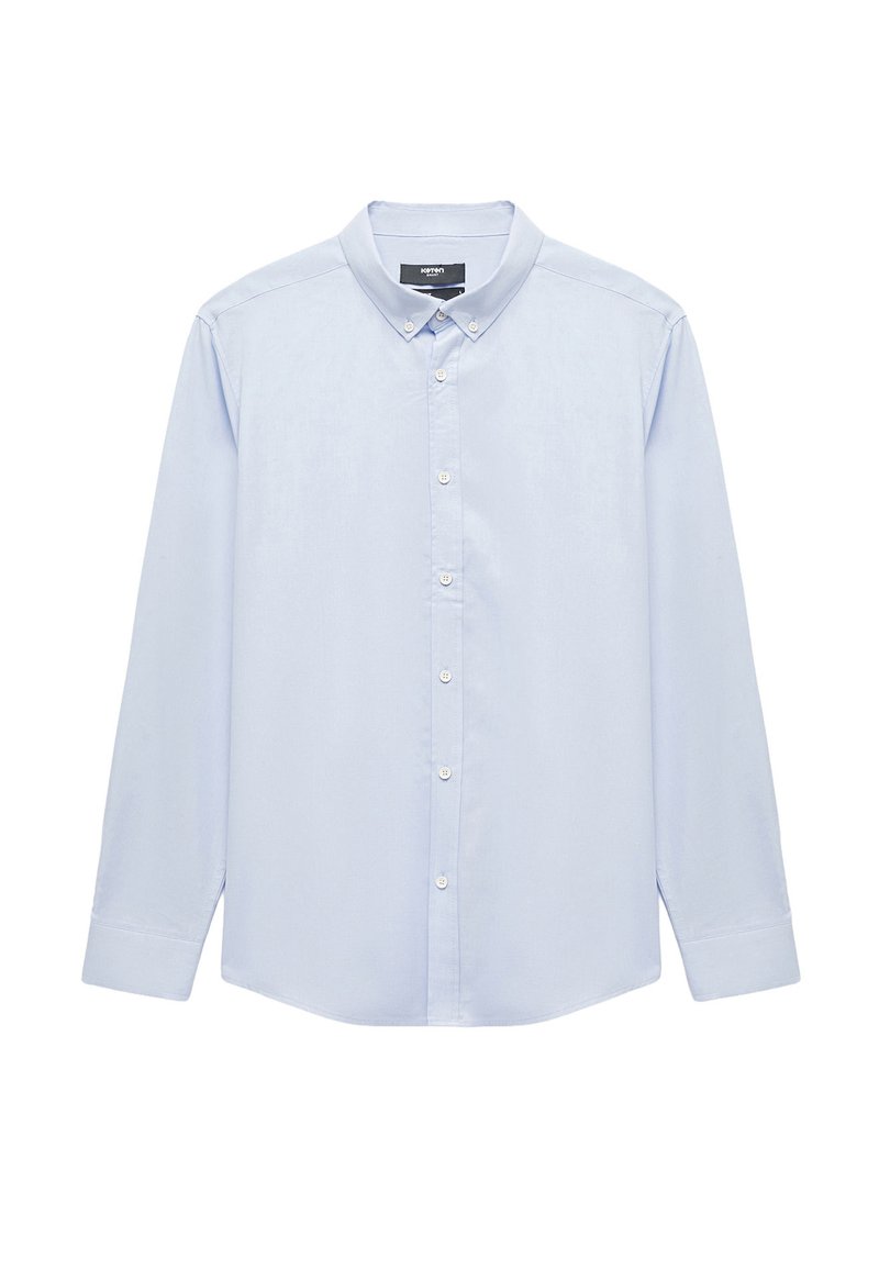 Lichtblauw overhemd met lange mouwen en button-down kraag, gemaakt van gladde stof, met een volledige knopenlijst en rechte zoom.