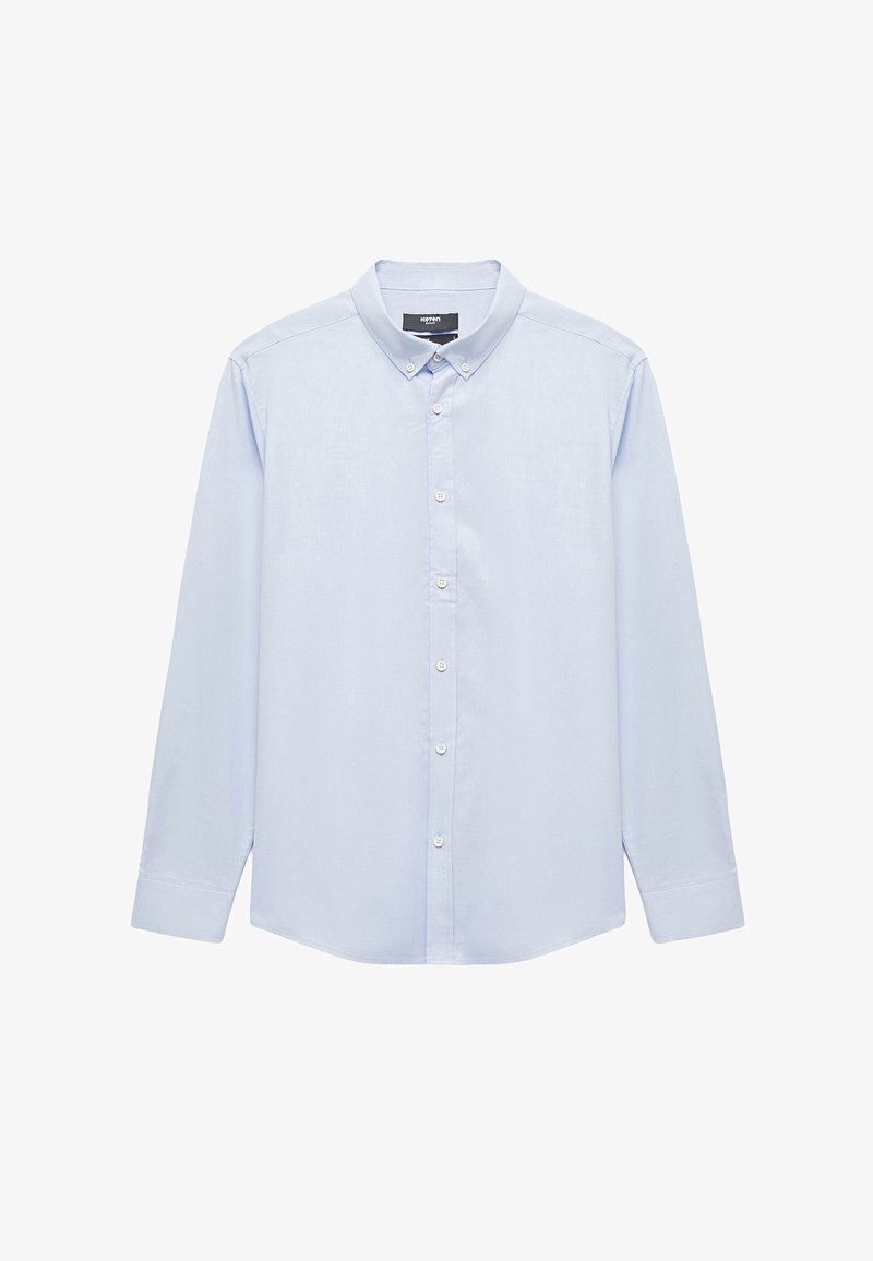 Lichtblauw overhemd met lange mouwen en button-down kraag, gemaakt van gladde stof, met een volledige knopenlijst en rechte zoom.