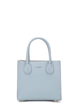Light blue leather handbag with a structured square shape. Features two short handles and a zip closure. Minimalist design with logo accents.