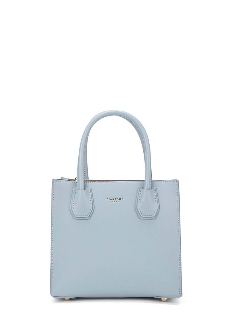 Borsa a tracolla in pelle azzurro chiaro con una forma quadrata strutturata. Presenta due manici corti e una chiusura a zip. Design minimalista con accenti del logo.