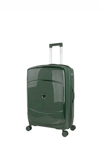 Maleta rígida verde con superficie texturizada, ruedas resistentes y asa extensible. Cuenta con un patrón de malla distintivo en la parte frontal.