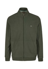 Dunkelgrüner Reißverschluss-Hoodie aus weichem Material, mit hohem Kragen, kleinem Logo und Seitentaschen. Sanfte Textur mit gerippten Bündchen.