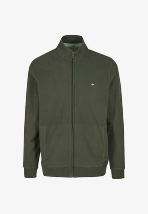 Sweatshirt zippé vert foncé en tissu doux, avec un col montant, un petit logo et des poches latérales. Texture lisse avec des poignets côtelés.