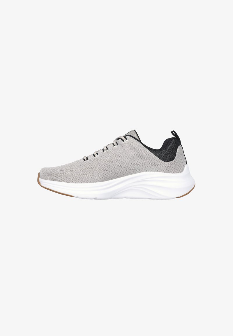 Light gray athletic shoe with a textured upper, black accents, white midsole, flat laces, and a rubber sole for traction.