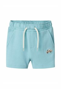 Jasnoniebieskie bawełniane szorty z elastycznym pasem, sznurkiem do regulacji, bocznymi kieszeniami oraz małym haftowanym wzorem samochodu z przodu.