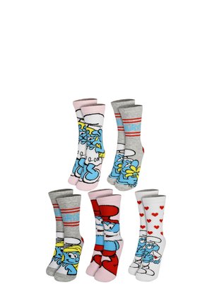 Set aus sechs Socken mit Cartoonfiguren. Materialien sind eine Baumwollmischung, mit Designs in Grau, Rosa und mehrfarbigen Mustern.
