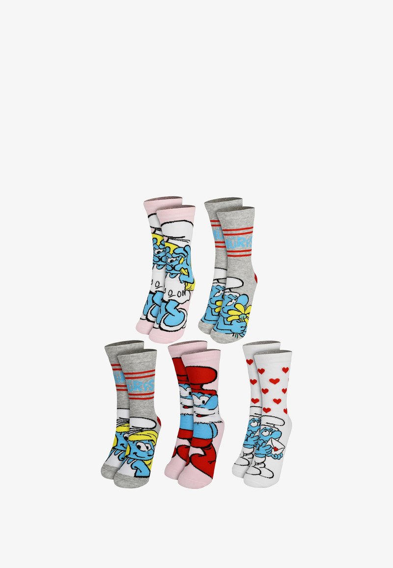 Set di sei paia di calzini con personaggi dei cartoni animati. I materiali variano in misto cotone, con design che includono grigio, rosa e motivi multicolor.