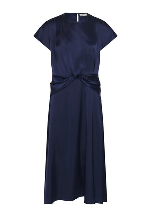 Vestido midi de satén azul marino con mangas cortas, escote redondo y detalle de nudo torcido en la cintura.