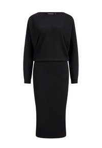 Svart stickad klänning med en avslappnad överdel och en figursydd ribbad kjol. Långa ärmar och en rund halsringning fulländar designen. Enkel och stilren.