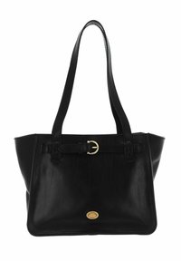 Borsa tote in pelle nera con doppie spalline, forma piatta e un logo circolare dorato sul davanti. Presenta una tracolla con una fibbia dorata come dettaglio.