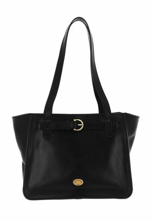 Schwarze Ledertasche mit doppelten Schulterriemen, flacher Form und einem goldenen, runden Logo auf der Vorderseite. Sie hat einen Riemen mit einer goldenen Schnallenakzent.