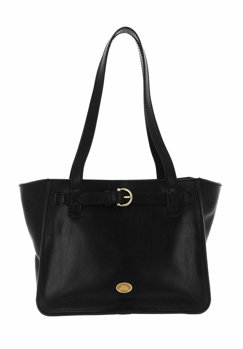 Borsa tote in pelle nera con doppie spalline, forma piatta e un logo circolare dorato sul davanti. Presenta una tracolla con una fibbia dorata come dettaglio.
