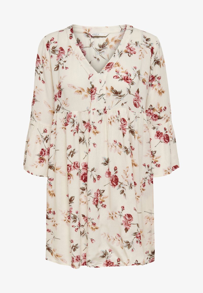 Blomsterklänning med V-ringning och långa trumpetärmar. Tillverkad av lätt tyg med en krämfärgad bakgrund, med rosa och bruna blommönster.