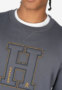 Szary sweatshirt z dużą haftowaną literą "H" w ciemnoniebieskim kolorze, obramowaną na żółto. Okrągły dekolt z białą wewnętrzną warstwą kołnierza.