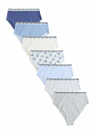 Siedem par damskich bawełnianych majtek w różnych kolorach i wzorach, każda z białym pasem z nadrukiem "NEXT."