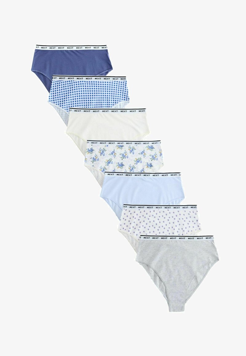 Sept paires de slips en coton pour femme de couleurs et motifs assortis, chacun avec une ceinture blanche imprimée "NEXT".