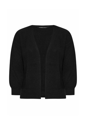 Zwarte gebreide cardigan met een diepe V-hals, oversized mouwen en een getextureerde stof. Ontwerp met open voorkant en ribbeltrimming aan de randen.