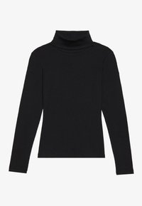 Crna dugorukava majica s turtleneck iz ribane tkanine, s visokim izrezom i uskim siluetom. Jednostavan dizajn bez dodatnih detalja.