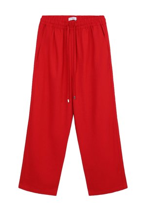 Red, wide-leg pants made of soft fabric. Features an elastic waistband with a drawstring and side pockets. Smooth texture without patterns.