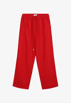 Pantalons rouges à jambes larges fabriqués en tissu doux. Dotés d'une taille élastique avec cordon de serrage et de poches latérales. Texture lisse sans motifs.