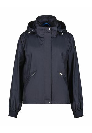 Marineblå hættejakke med forlynlås, trykknaplukning, to lynlåslommer i siderne og elastiske manchetter.