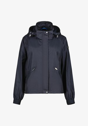 Veste coupe-vent bleu marine à capuche avec fermeture éclair frontale, fermeture par boutons-pression, deux poches latérales zippées et poignets élastiques.