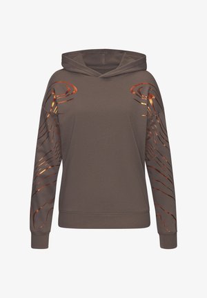 Brown hoodie with a front pocket, textured fabric, and orange metallic abstract patterns on the sleeves and shoulders; features a drawstring hood.