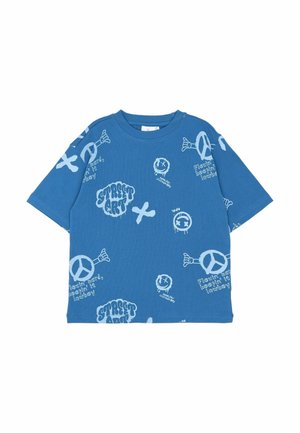Niebieska bawełniana koszulka z luźnym krojem, krótkimi rękawami oraz kolorowymi nadrukami symboli pokoju i tekstów w stylu graffiti.