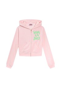 Ružový skrátený mikina vyrobená z mäkkej tkaniny, s predným zipsom, dvoma vreckami a nápisom "VIVA LA JUICY" vytlačeným v jasne zelenej farbe.