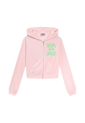 Růžová zkrácená mikina z měkké látky, s předním zipem, dvěma kapsami a nápisem "VIVA LA JUICY" vytištěným jasně zelenou barvou.