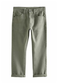 Zaļās denima bikses ar taisnu kāju, ar pogu aizdari, priekšējām kabatām un salocītiem maliņām. Tekstūrēta auduma ar nelielu spīdumu.