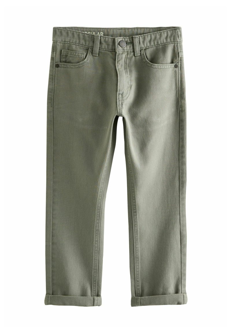 Zaļās denima bikses ar taisnu kāju, ar pogu aizdari, priekšējām kabatām un salocītiem maliņām. Tekstūrēta auduma ar nelielu spīdumu.