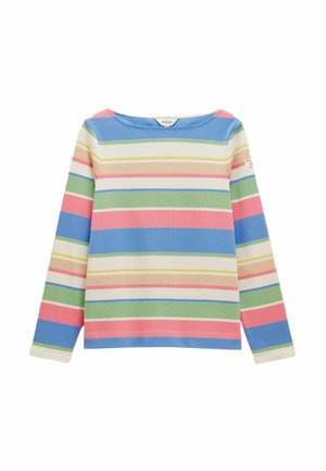 Long-sleeve striped top in cotton, featuring pink, green, blue, and white horizontal stripes. Round neckline and a label on the sleeve.