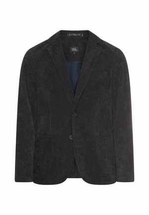 Blazer pour homme en velours côtelé gris foncé. Présente un col cranté, deux boutons et deux poches avant. Texture de tissu lisse avec une coupe ajustée.