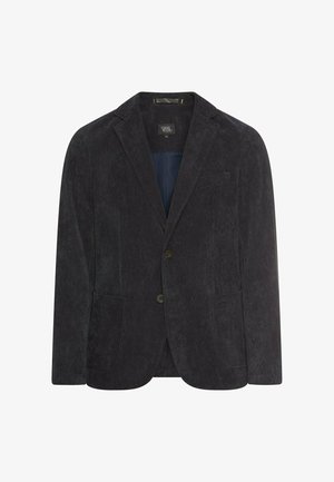 Herenblazer in donkergrijze corduroy. Heeft een notch revers, twee knopen en twee voorzakken. Soepele stofstructuur met een getailleerde pasvorm.