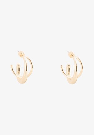 Ohrringe in Goldoptik mit doppeltem Kreis und Stecker-Verschluss, mit offenem, überlappendem, geschwungenem Design vor weißem Hintergrund.