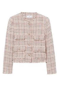 Hellrosa Tweed-Jacke aus strukturiertem Stoff, mit vier aufgesetzten Taschen mit Knöpfen und goldfarbenen Knöpfen, kurz geschnittenem Design und ausgefransten Kanten.