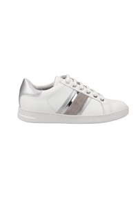 White leather sneaker with gray and metallic silver striped accents, round toe, five eyelets, and a textured silver heel. Flat rubber sole.