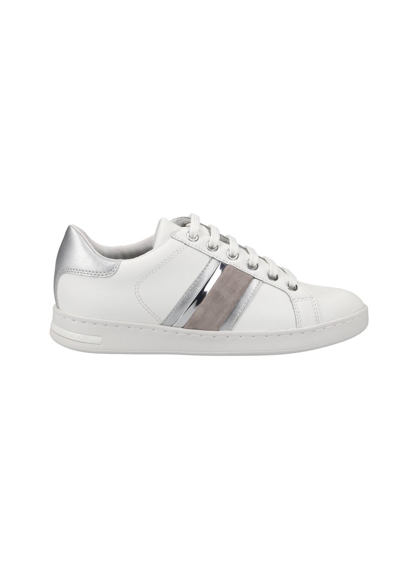 White leather sneaker with gray and metallic silver striped accents, round toe, five eyelets, and a textured silver heel. Flat rubber sole.